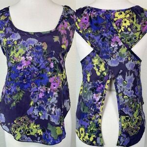 Rumors Floral Blouse M Open Back Watercolor Coquette Artsy Top